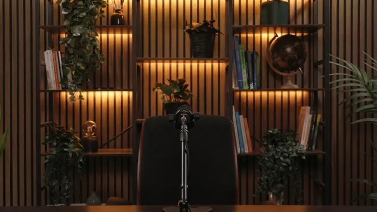 Allestimento per intervista singola con libreria e luce calda nello studio Podbox