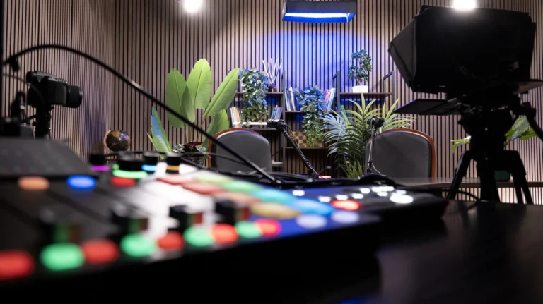 Postazione regia dello studio Podbox: console con pulsanti illuminati in primo piano, videocamera e gobbo puntati sul set