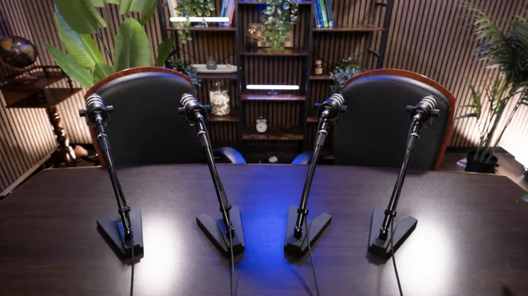 Tavolo dello studio Podbox con quattro microfoni da podcast su supporto da tavolo e due poltrone